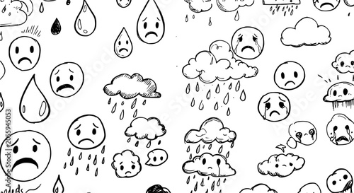 Bild auf Leinwand Sad Weather Doodles: Raindrops, Clouds, and Emotional Faces in Black and White