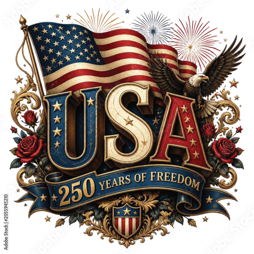 USA 250 Years of Freedom Patriotic T-Shirt Design | American Eagle Flag PNG | USA 250 Anniversary Graphic