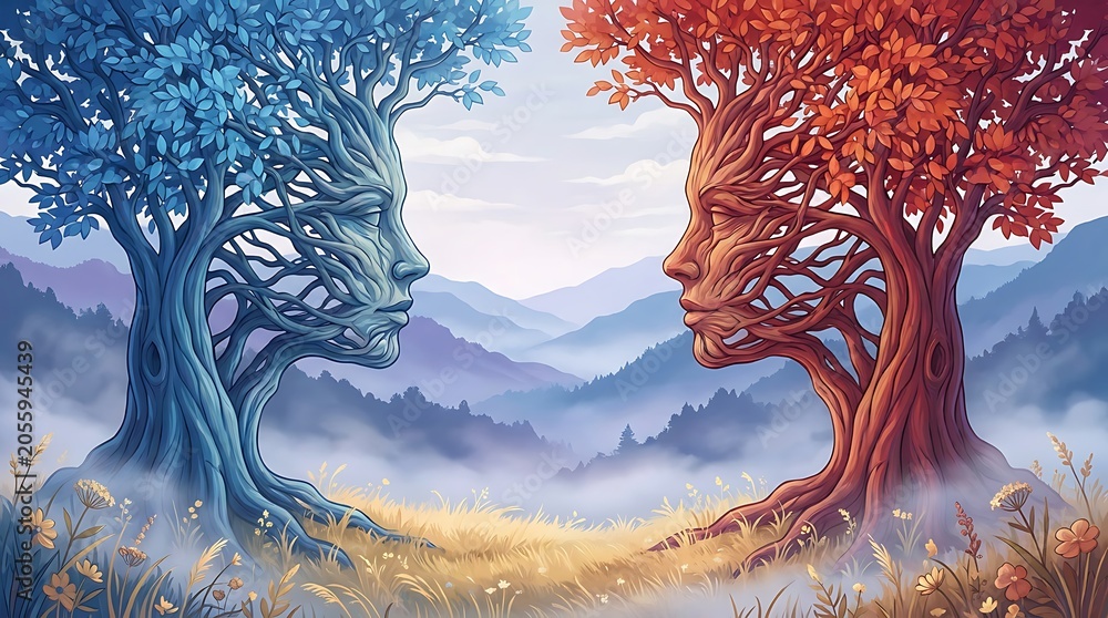 Obraz premium Fantasy landscape features two anthropomorphic trees in profile, blue tree with cool tones, red tree with warm tones facing each other.