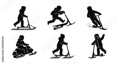 Bild auf Leinwand Winter sports silhouettes snowmobiles scooters and skiers in black vector style