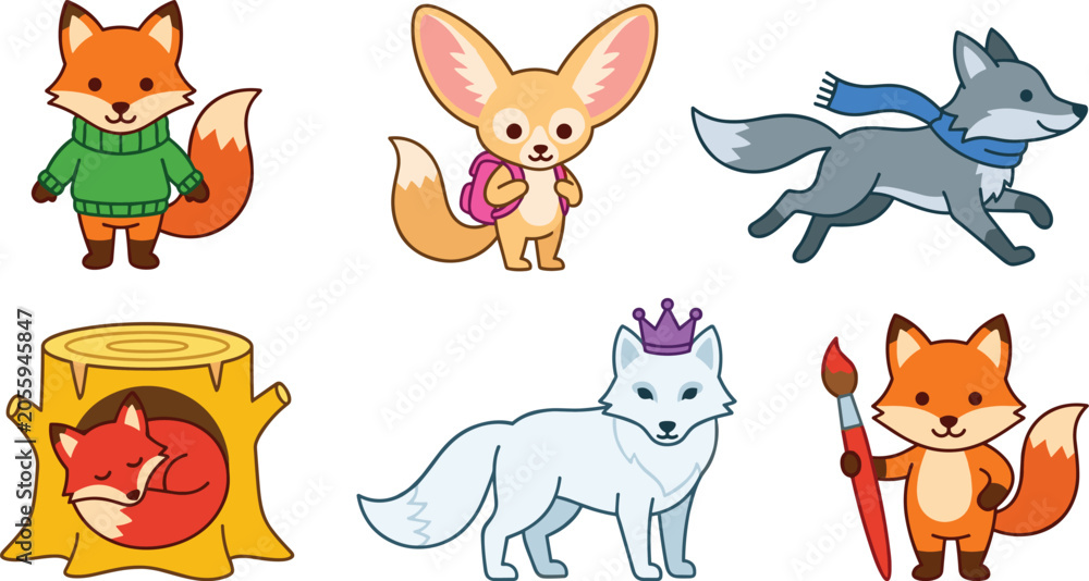 Fototapeta premium Cute Fox Species Vector Icon Set Featuring Red Fox in Sweater, Fennec with Backpack, Running Wolf, Sleeping Fox, Arctic Princess, and Artist Fox for Kids Designs