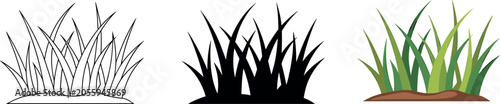 Green grass tuft vector illustration icon set featuring outline silhouette and realistic tuft designs for nature landscape concept