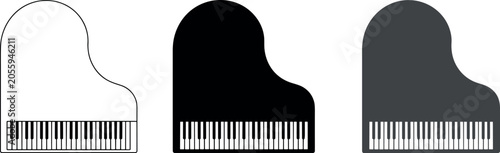 Grand piano top view vector illustration icon set featuring outline silhouette and classic black musical instrument designs for concert concept