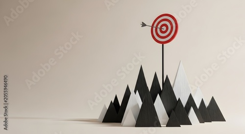 Arrow hitting bullseye on target atop abstract mountains
