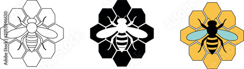 Honey bee on honeycomb vector illustration icon set featuring outline silhouette and colorful yellow sweet honey designs for apiculture concept