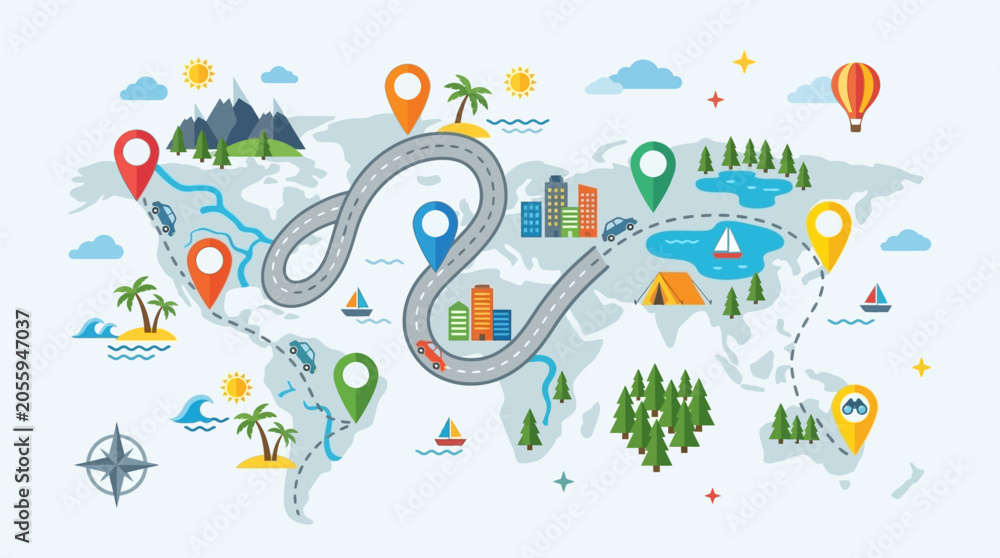 Fototapeta premium Flat design world map with winding road, location pins, and travel icons representing global tourism, summer vacation, and road trip adventure.