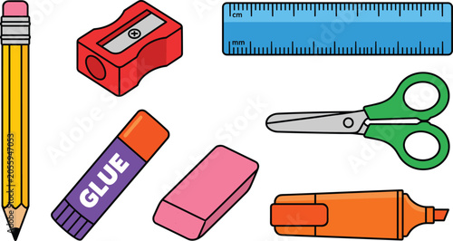 Canvas Print School Stationery and Office Supply Vector Icon Set Featuring Pencil, Sharpener,