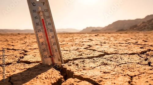 Thermometer in cracked dry desert ground under harsh sun extreme heat and arid drought conditions symbolizing global warming crisis and climate change effects affecting environment.