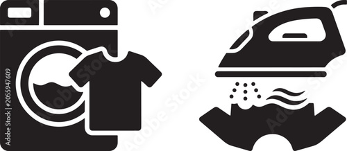 Εκτύπωση καμβά Art & Illustration, Household laundry icons presenting a front-loading washer with apparel next to a garment flatbed steam iron smoothing out wet textile folds