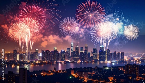 Spectacular Fireworks Display Over City Skyline at Night.