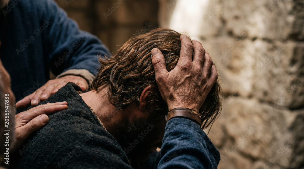 Fototapeta premium Apostle laying hands on a man in a stone room. Biblical scene depicting spirit descent, prayer, and faith. Middle eastern ancient gathering for spiritual healing and divine blessing