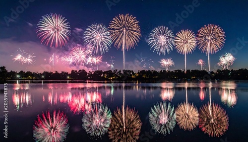 Spectacular Fireworks Display Over Water Reflecting in the Night Sky.
