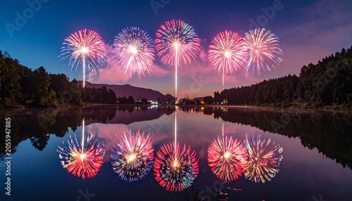 Spectacular Fireworks Display Reflected in Calm Lake at Night.