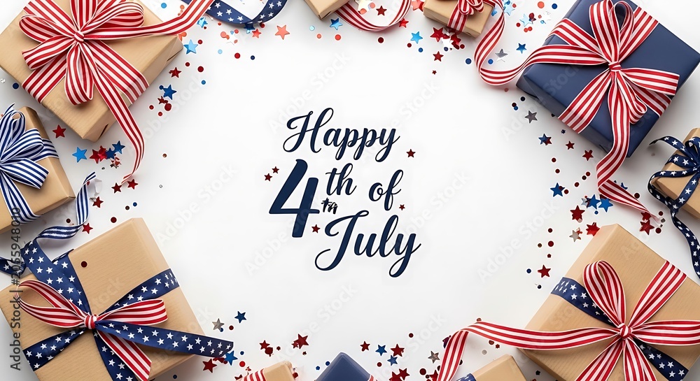 Obraz premium Independence Day background featuring gift boxes wrapped with patriotic ribbons and star confetti