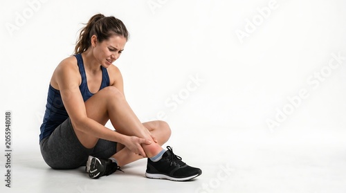 Young athletic woman sitting on floor expressing pain while holding her injured ankle against a white background