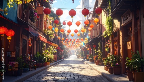 Vibrant Chinatown Street Scene with Festive Red Lanterns.