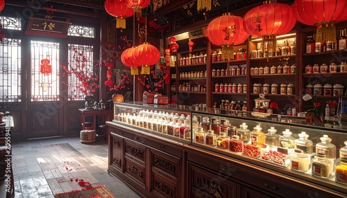 Vibrant Chinese Apothecary Interior with Traditional Lanterns and Herbal Remedies.