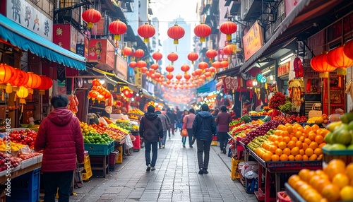 Vibrant Chinese Market Scene with Lanterns and Fresh Produce.
