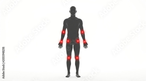 3D Illustration of Human Body Silhouette with Red Glowing Areas Highlighting Joint Pain and Inflammation