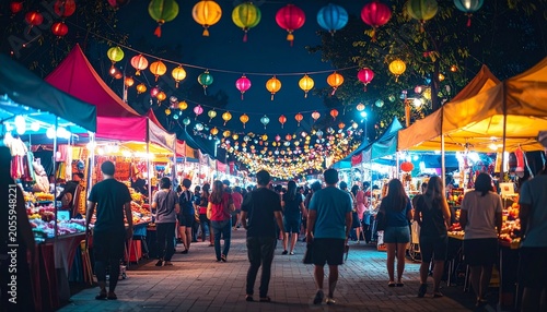 Vibrant night market scene with colorful lanterns and bustling crowd.