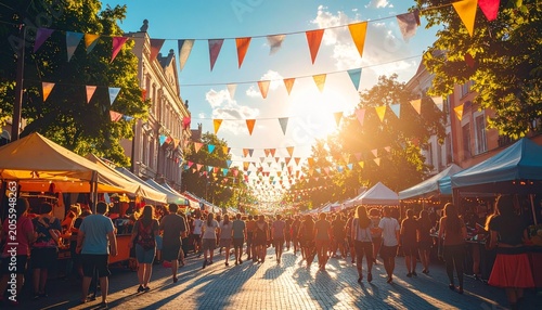 Vibrant street fair with colorful flags and bustling crowd.