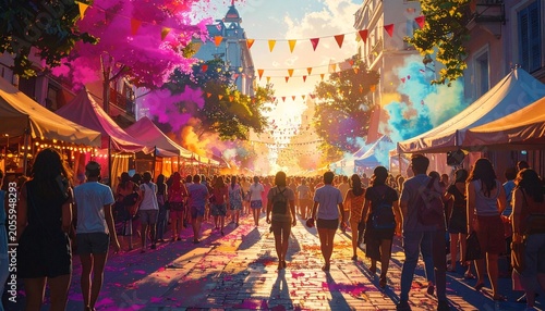 Vibrant street festival with colorful smoke and bustling crowds.