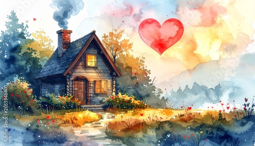 Watercolor Cottage with Heart - A Dreamy Landscape of Love and Home.