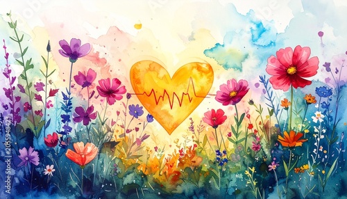 Watercolor Heartbeat in a Blooming Meadow - A Celebration of Life.