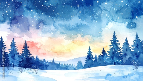 Watercolor Winter Landscape with Snow-Covered Hills and Pine Trees.