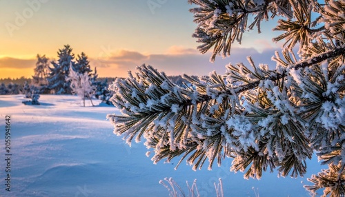 Winters Embrace - A Frosty Pine Branch at Sunset.