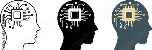 Artificial intelligence AI human head vector illustration icon set featuring microchip brain circuit line outline silhouette and modern technology designs