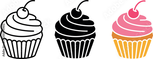 Cupcake with cherry vector illustration icon set featuring sweet muffin outline silhouette and colorful pink frosting designs for bakery concept