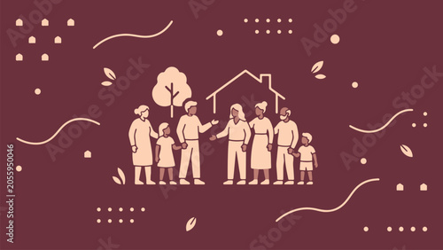 Bilde på lerret A stylized vector illustration showing a multi generational family standing toge