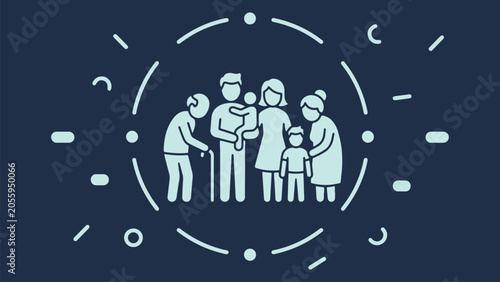 Quadro su tela Minimalist vector illustration featuring a happy multi-generational family stand