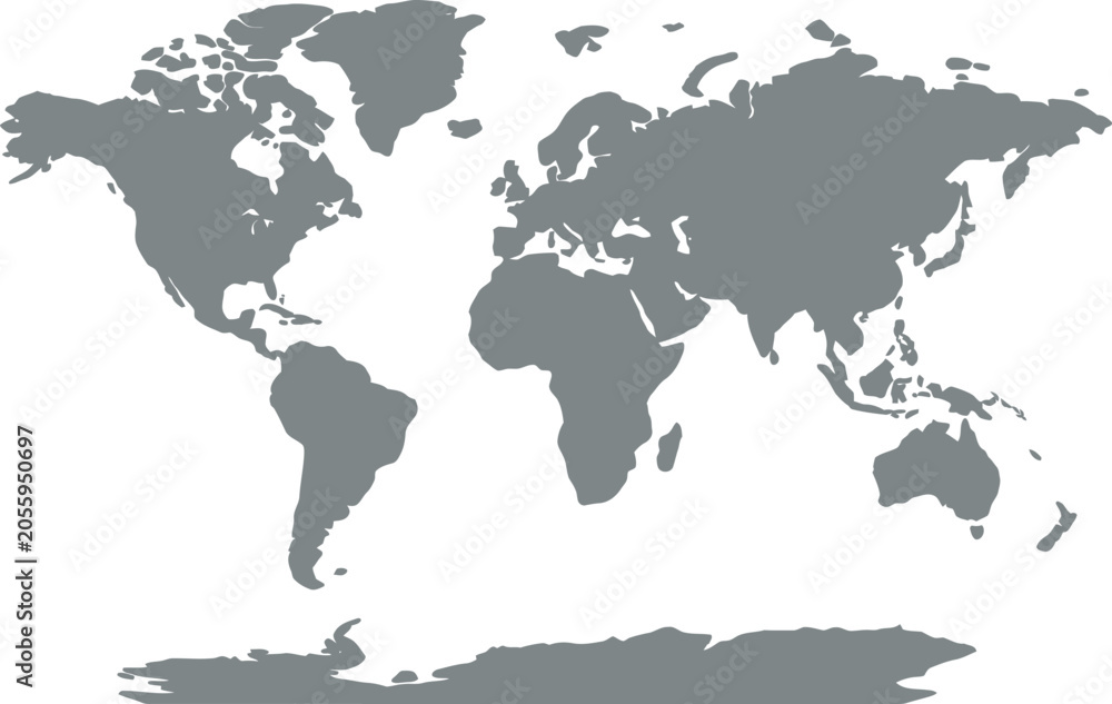 Fototapeta premium Simple grey world map silhouette showing continents on a flat plane