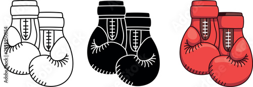 Vector set of boxing gloves icons in detailed outline black silhouette and realistic red flat cartoon styles