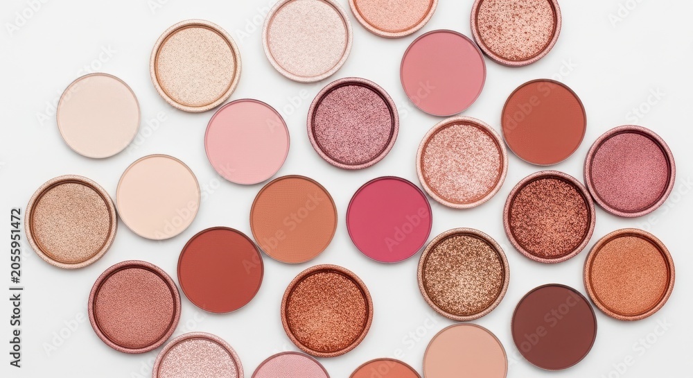 Fototapeta premium Top view of round eyeshadow pans isolated on white background
