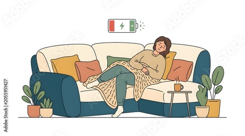 Exhausted woman resting on comfortable sofa couch with low battery charging icon representing low energy levels
