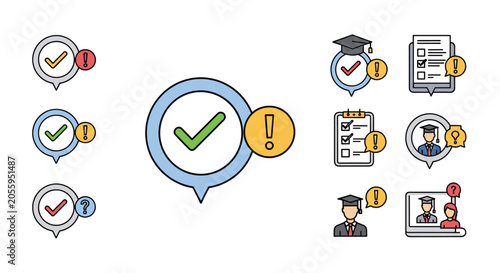 Collection of educational checkmark and alert icons featuring location pins, graduation caps, and student profiles.