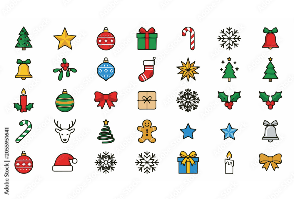 Fototapeta premium Modern Christmas elements vector collection featuring festive holiday symbols decorations and seasonal winter icons