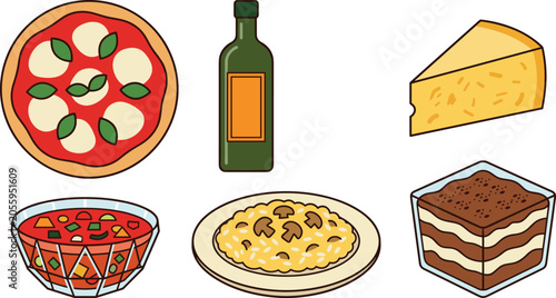 Tableau sur toile Italian Cuisine Food Vector Icon Set Featuring Margherita Pizza, Olive Oil Bottl