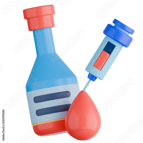 Blood Culture Bottle and Syringe with Blood Drop for Hemoculture Collection Concept. 3d illustration.