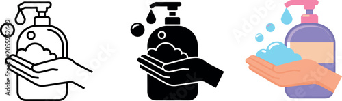 Vector set of liquid soap dispenser icons with foam on hand in outline black silhouette and purple cartoon styles