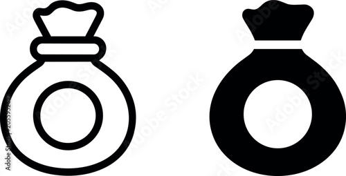Vector set of money bag icons featuring thick line outline and solid black silhouette minimal corporate finance graphic styles