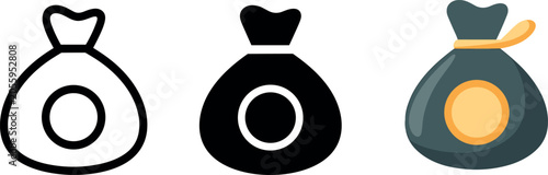 Vector set of money bag icons featuring thick line outline and solid black silhouette minimal corporate finance graphic styles