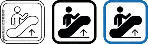 Vector set of escalator up sign icons showing person moving upward with arrow in outline silhouette and blue styles