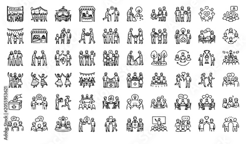 Community Gatherings and Social Events Hand Drawn Icons Collection Vector Set