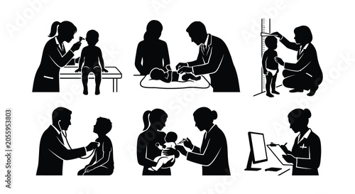 Schilderij op canvas Pediatrician And Patient Silhouettes Black Vector Illustrations On White Backgro