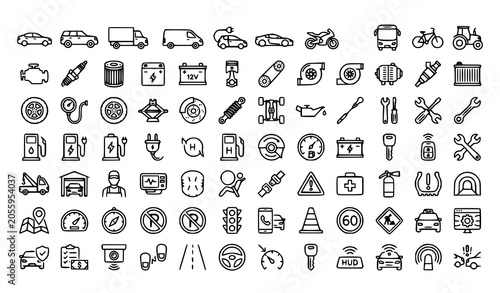 Editable stroke car icon pack with automobile vehicle service transportation and repair symbols