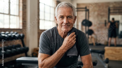 Confident older man smiling in a gym after workout session